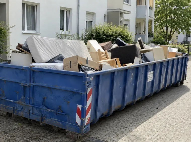 Möbel und andere Gegenstände in einem großen blauen Container.