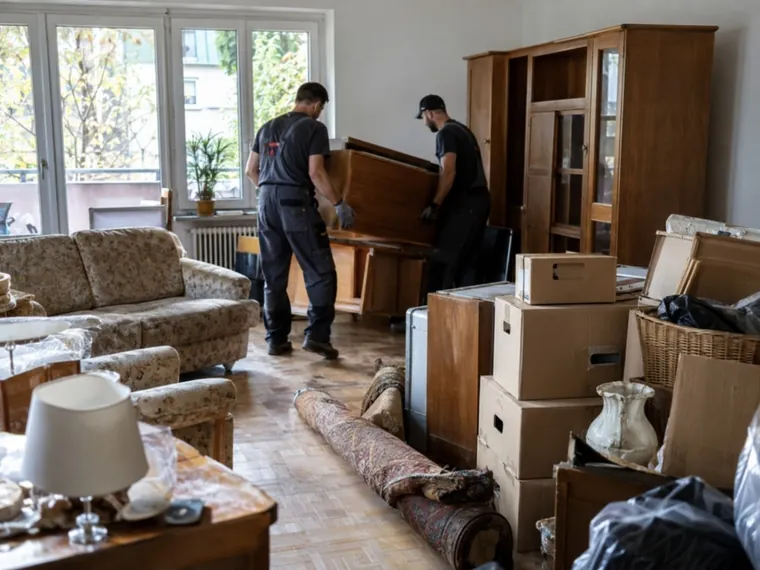 Ein Möbelstück wird bei einer Wohnungsräumung von zwei Personen getragen.
