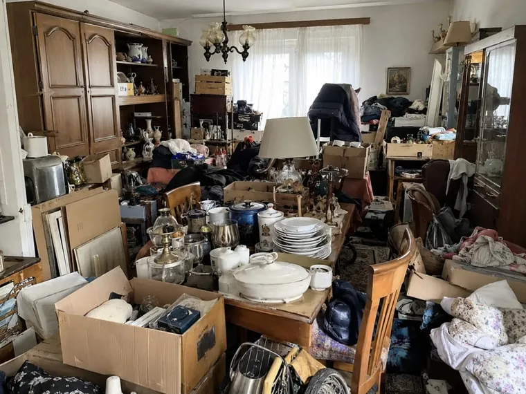 Schränke, Geschirr, Möbel und Kisten in einem stark gefüllten Wohnraum.